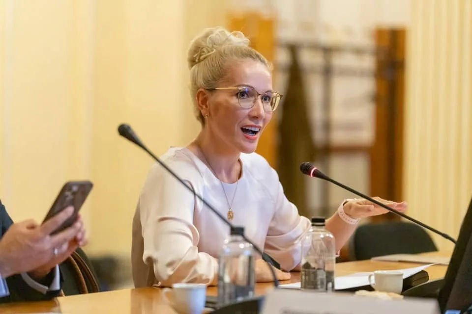 A woman in glasses is speaking at a meeting.